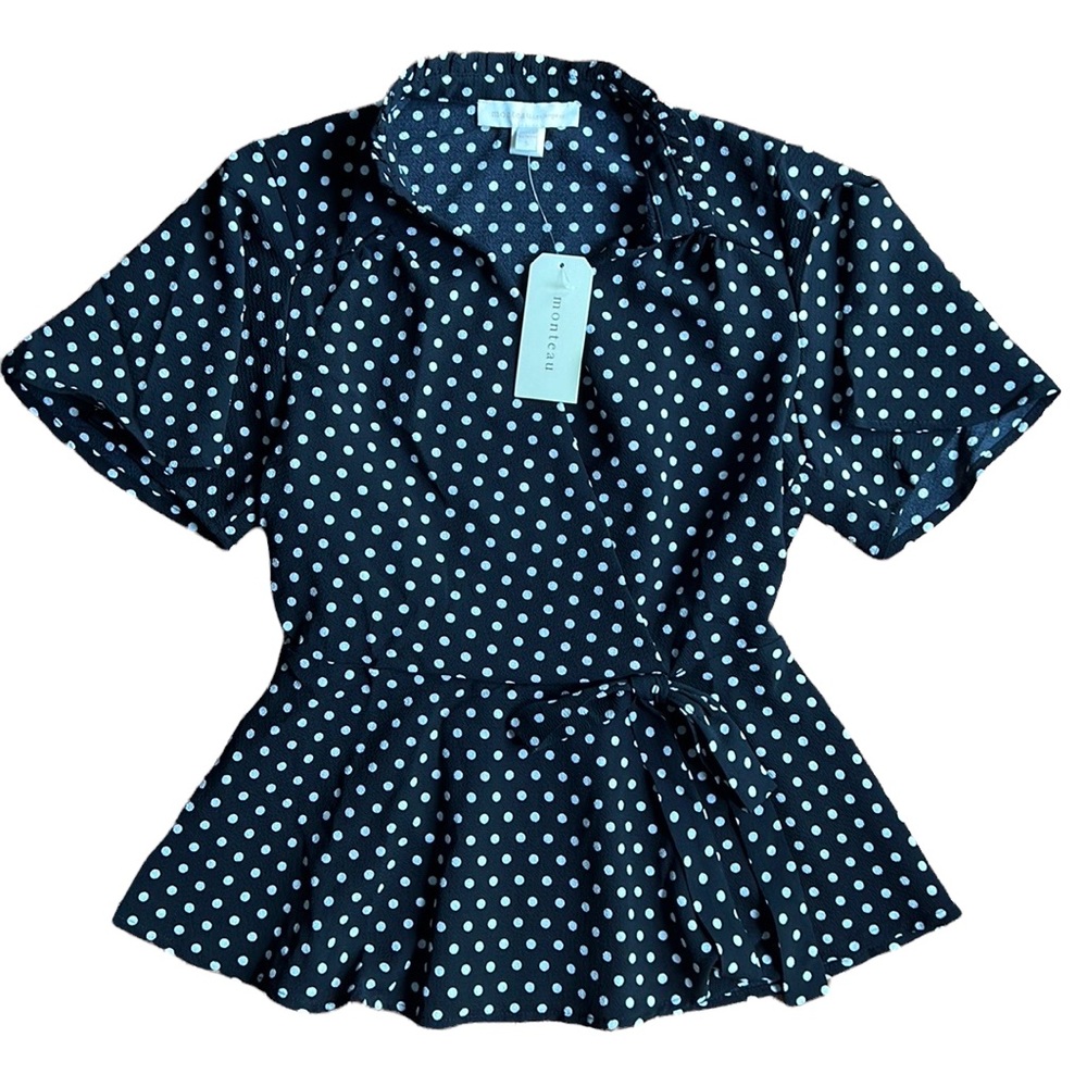 Short Sleeved Top, Black with White Polka Dots Size S